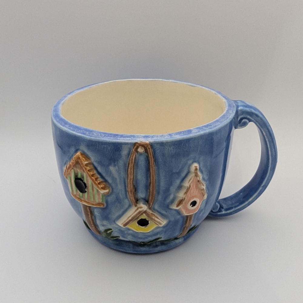 Hand Made Blue Ceramic Pottery Mug with Birdhouse Design